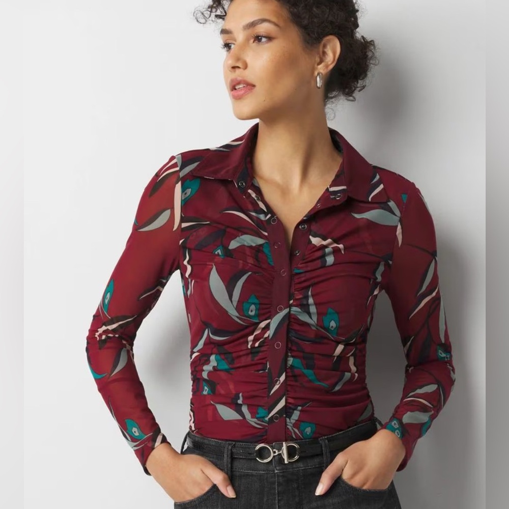NWT White House Mesh Ruched Long Sleeve Shirt, sz XL